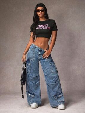 SHEIN Blue Wide-Leg Cargo Jeans